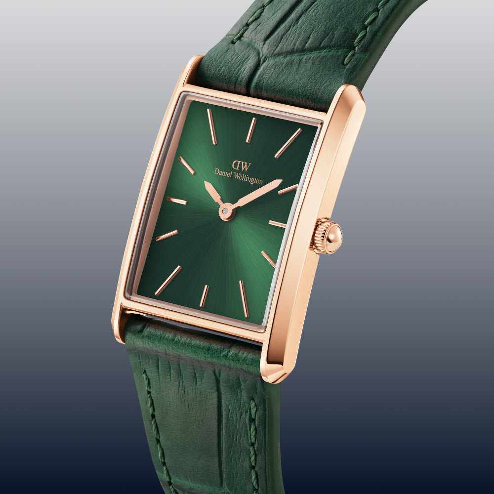 Quadro - Square watch with green dial & leather strap | DW