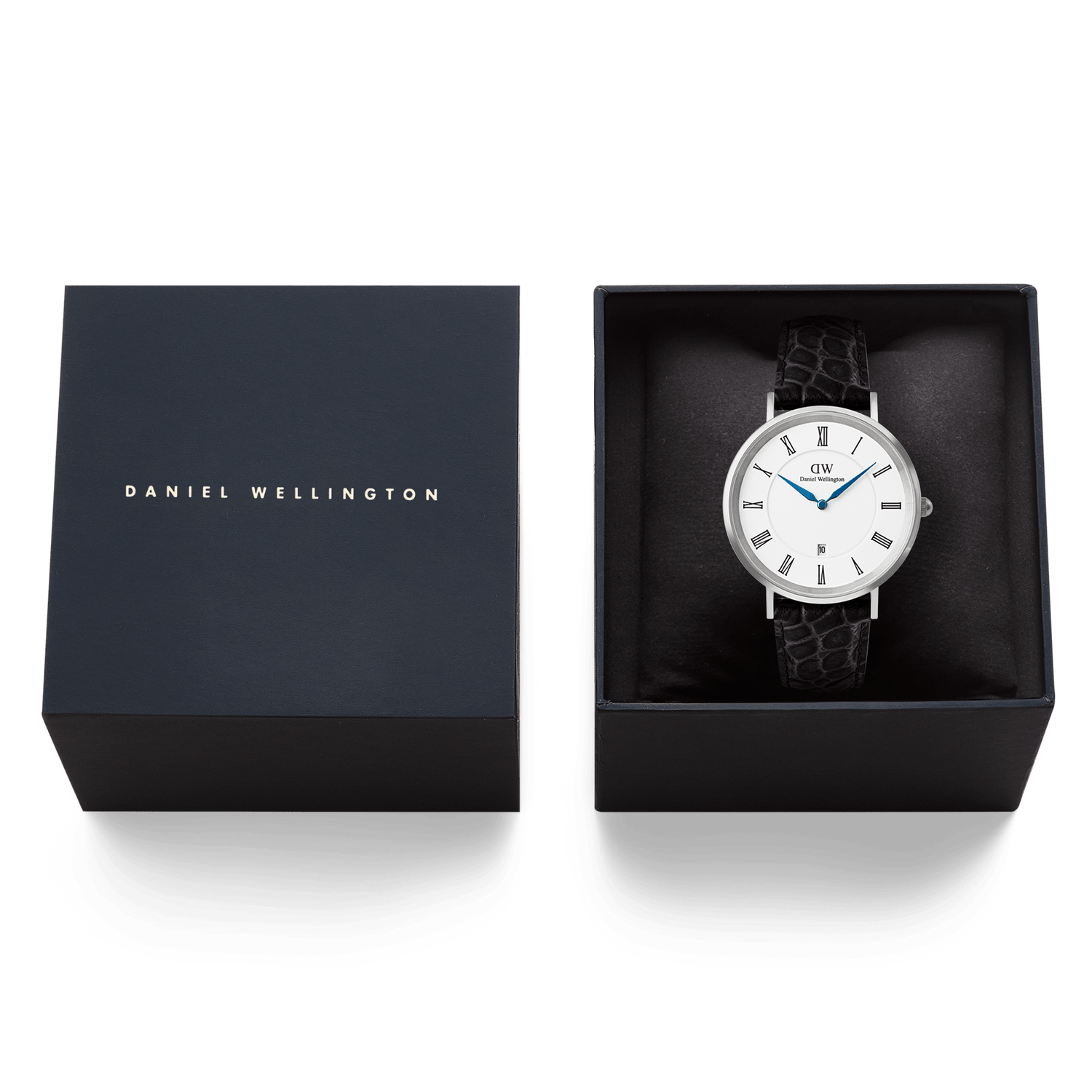 DENHAM×EFFECTOR WELINGTON Classic Roman Numerals Date Black Croc Belly Silver