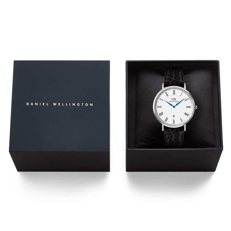 腕時計 DANIEL WELLINGTON Classic Roman Numerals Date Black Croc Belly Silver