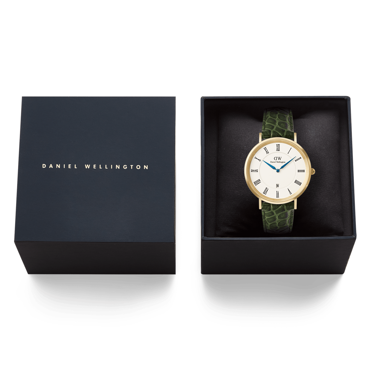 Classic Roman Numerals Date Dark Green Croc Belly Gold